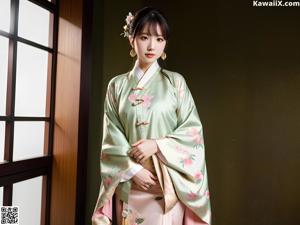 A woman in a purple kimono sitting on a bed.