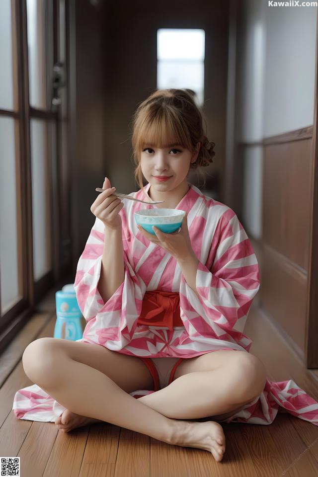 A woman in a pink and white kimono sitting on the floor eating a bowl of food.