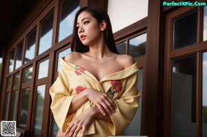 A naked asian woman posing in front of a window.