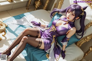 A woman in a purple dress sitting on a bed.