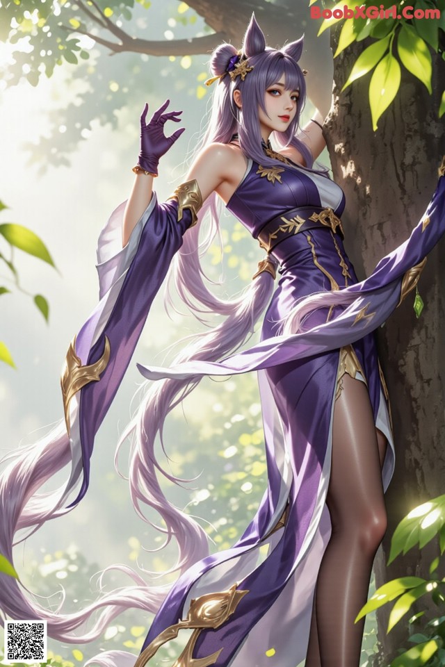 Hentai - Sovereign of Lightning in Exquisite Garb Set.1 20250125 Part 14 No.9b66e5 A woman in a purple dress leaning against a tree.