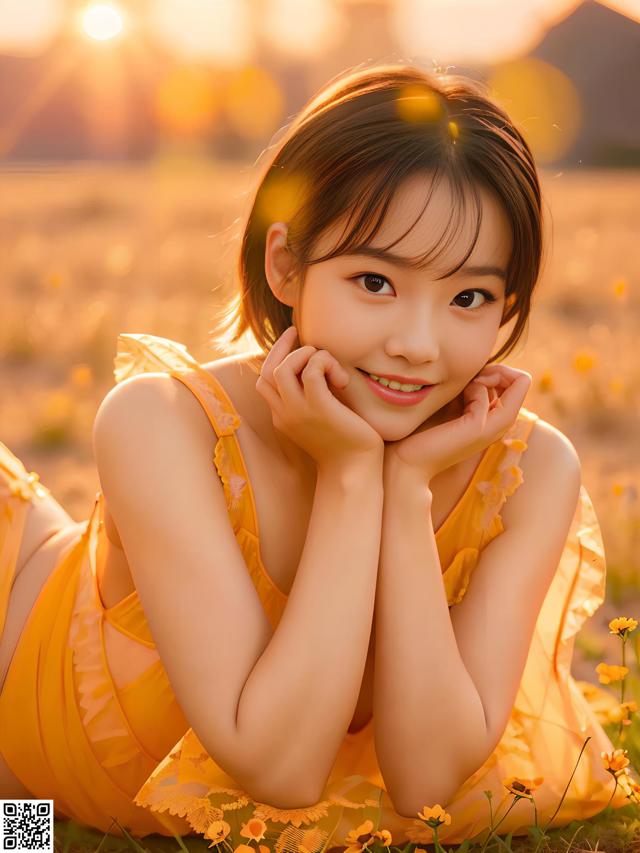 A young woman in a yellow dress laying in a field of flowers.