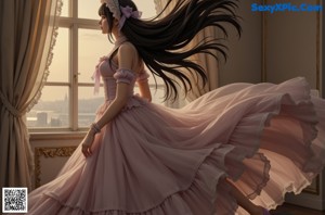 A woman in a long dress standing in front of a window.