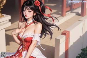 A woman in a red dress sitting on the ground.