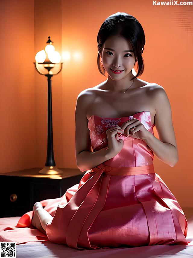 A woman in a pink dress sitting on a bed.