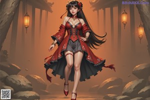 A woman in a red and white dress holding a sword.