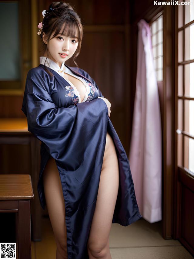 A woman in a blue kimono posing for a picture.