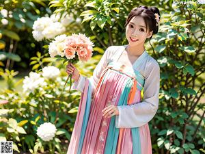 A woman in a white robe standing in a garden.