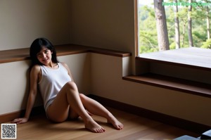 A naked asian woman sitting on top of a bed.