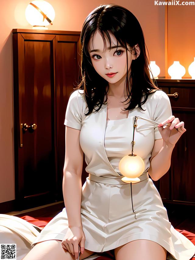 A woman in a white dress sitting on a bed holding a lamp.