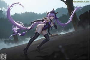 Anime girl with long purple hair sitting on the floor.