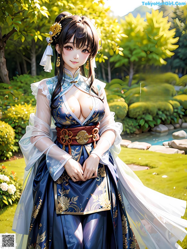 A woman in a blue and white dress standing in a garden.